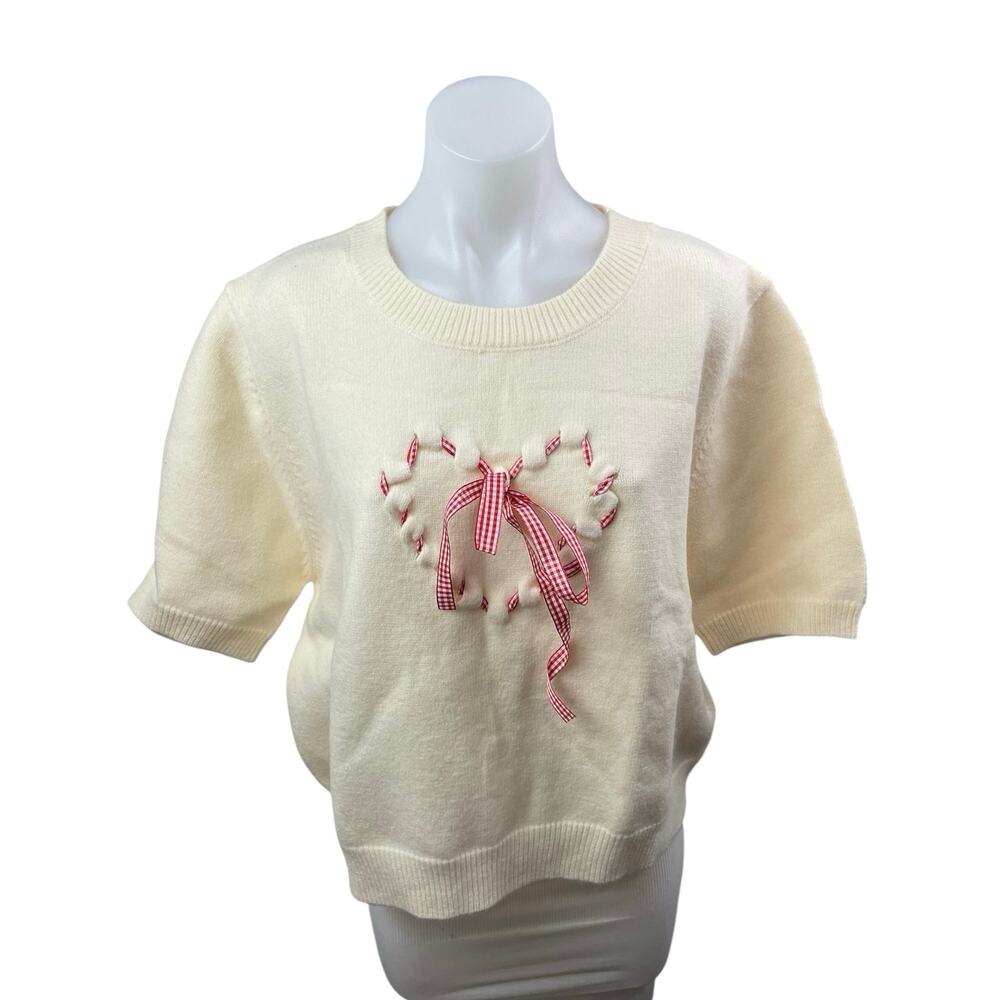 Cider Cream Gingham Check Heart Bow Tie Short Sleeve Knit Sweater Top Size 4XL